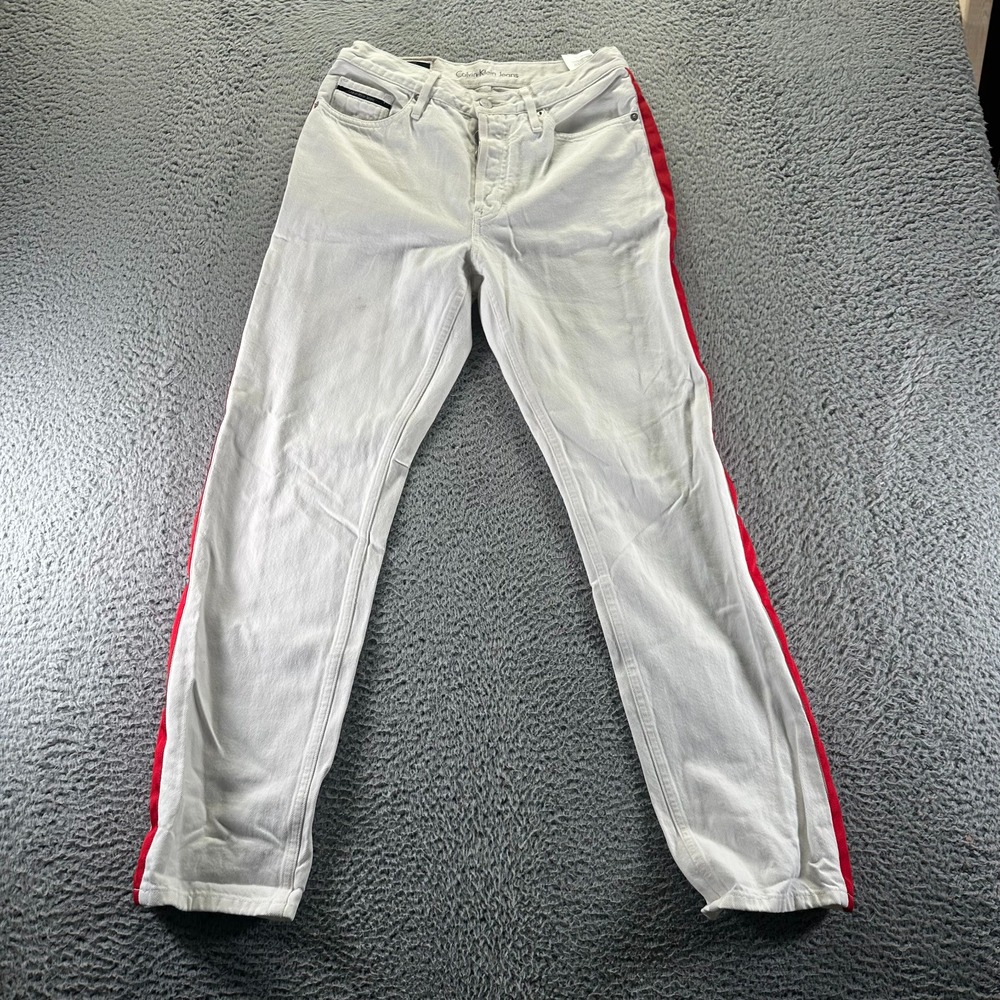 Calvin Klein Jeans Women's 27x30 White Cotton Denim Straight Button-Fly Striped